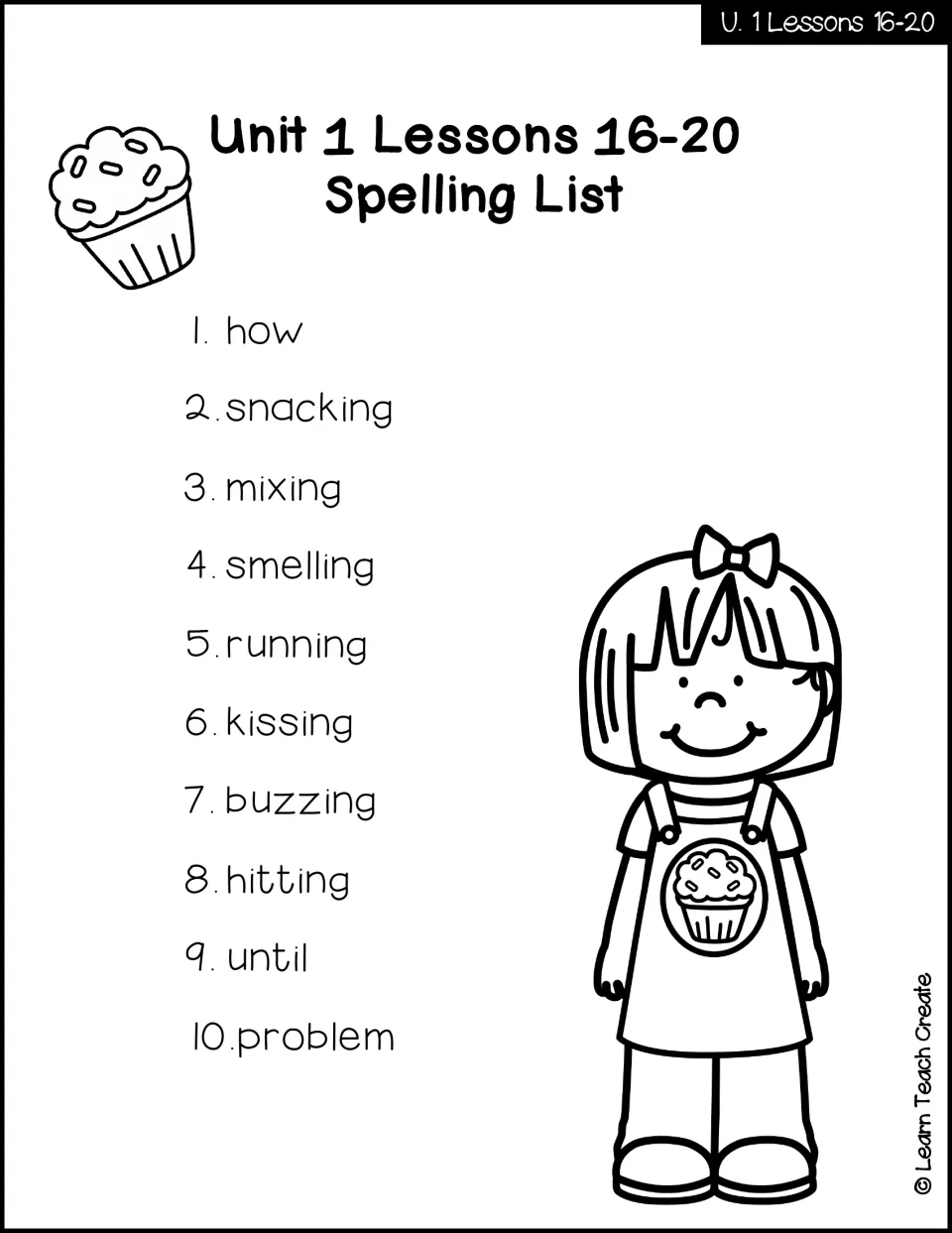 Unit 1 lessons 16–20 spelling list includes how, snacking, mixing, smelling, running, kissing, and four more