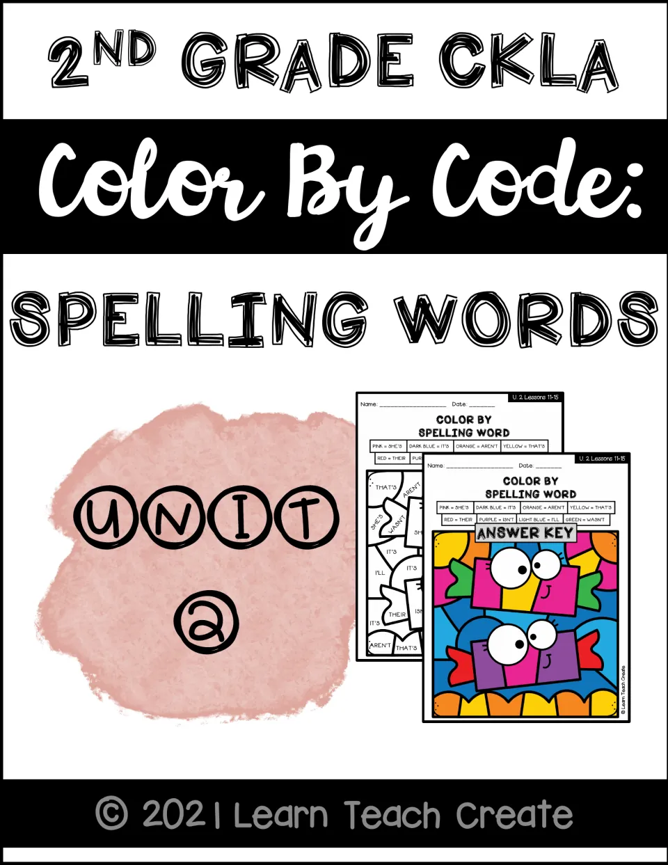 Color by code spelling words cover for CKLA Unit 2, showing a sample coloring page and its colored answer key