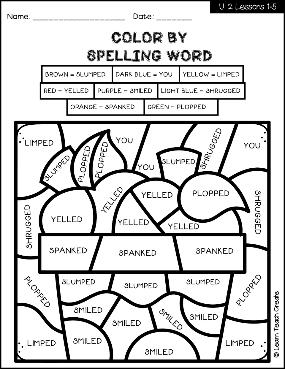 Color by spelling word, Lessons 1-5: students read words like slumped, yelled and plopped and color a basket of apples