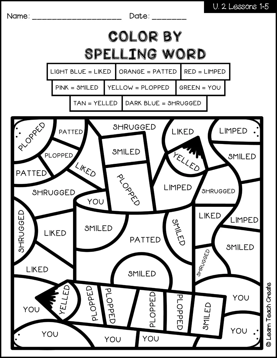 Color by spelling word, Lessons 1-5 second page: students match liked, patted, smiled and you to colors for a pencil cup