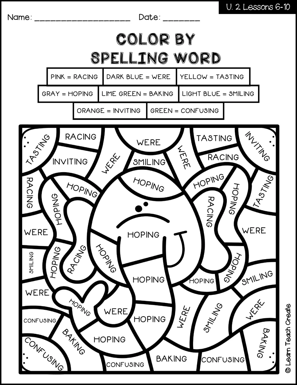 Color by spelling word, Lessons 6-10: students find -ing words like hoping, racing and tasting to color an elephant