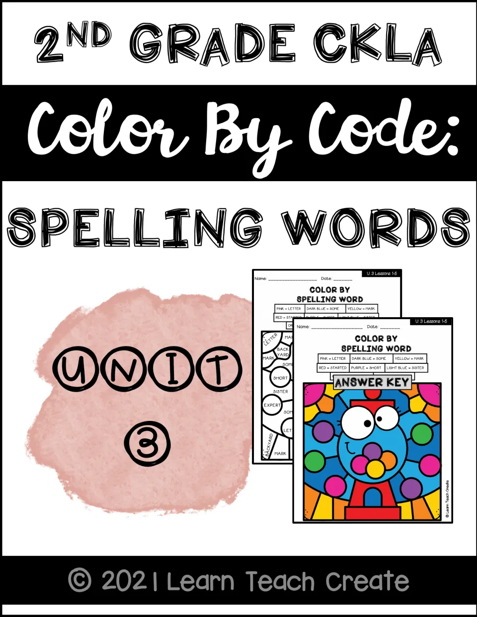 Cover of the second-grade CKLA Unit 3 color-by-code spelling pack, showing a worksheet and its answer key
