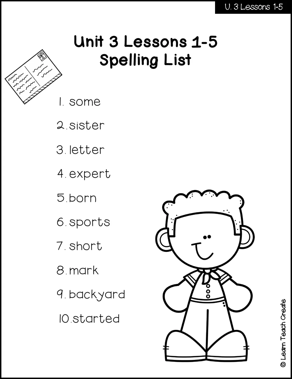 Unit 3 lessons 1–5 spelling list: some, sister, letter, expert, born, sports, short, mark, backyard, started
