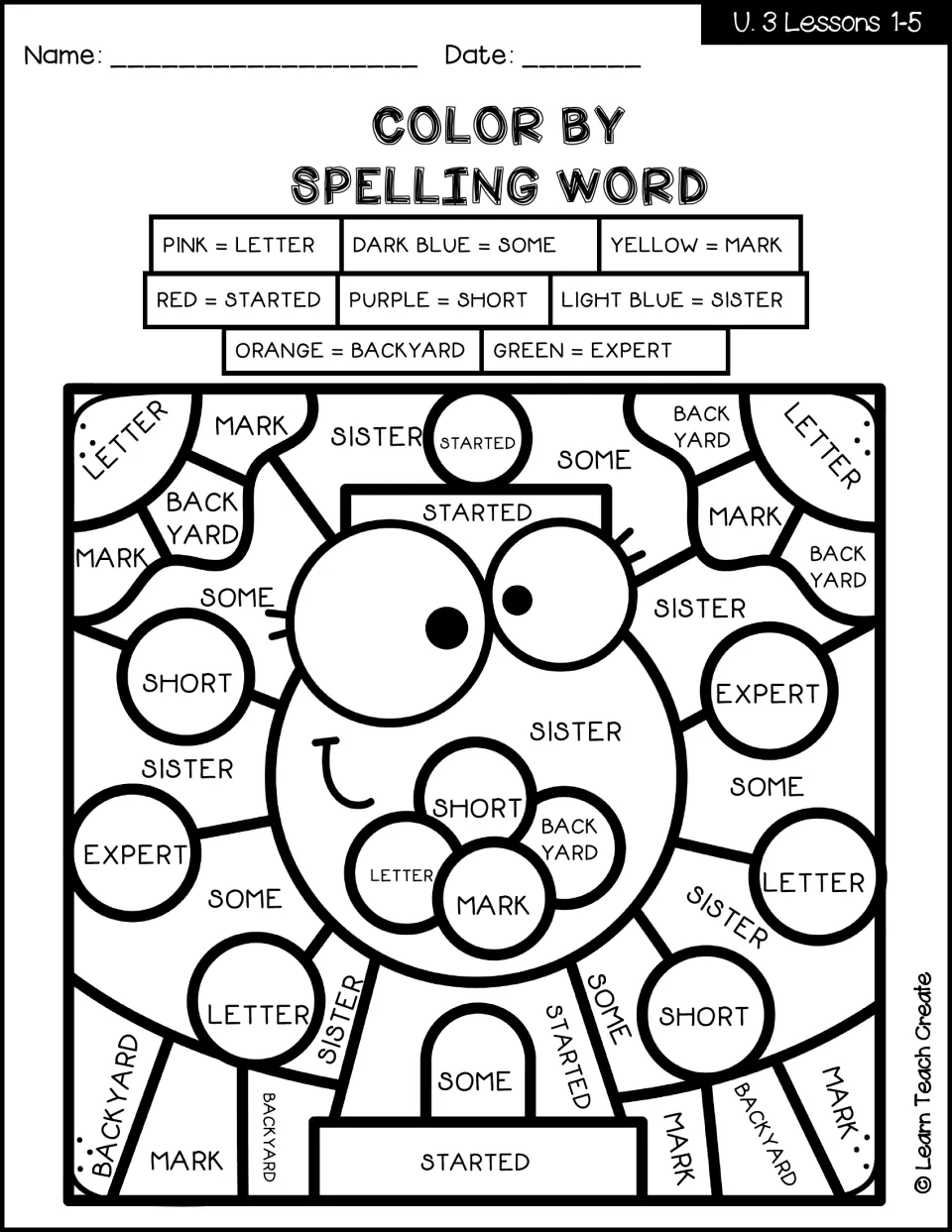 Lessons 1–5 spelling coloring worksheet: a gumball machine coded with letter, some, mark and five more words