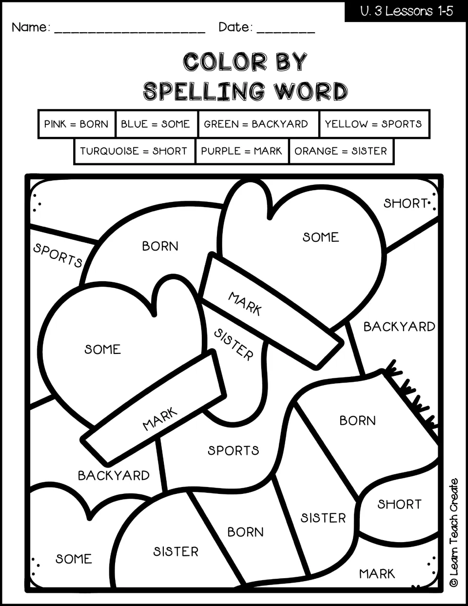 Lessons 1–5 spelling coloring worksheet: mittens and a scarf coded with born, some, backyard and four more words