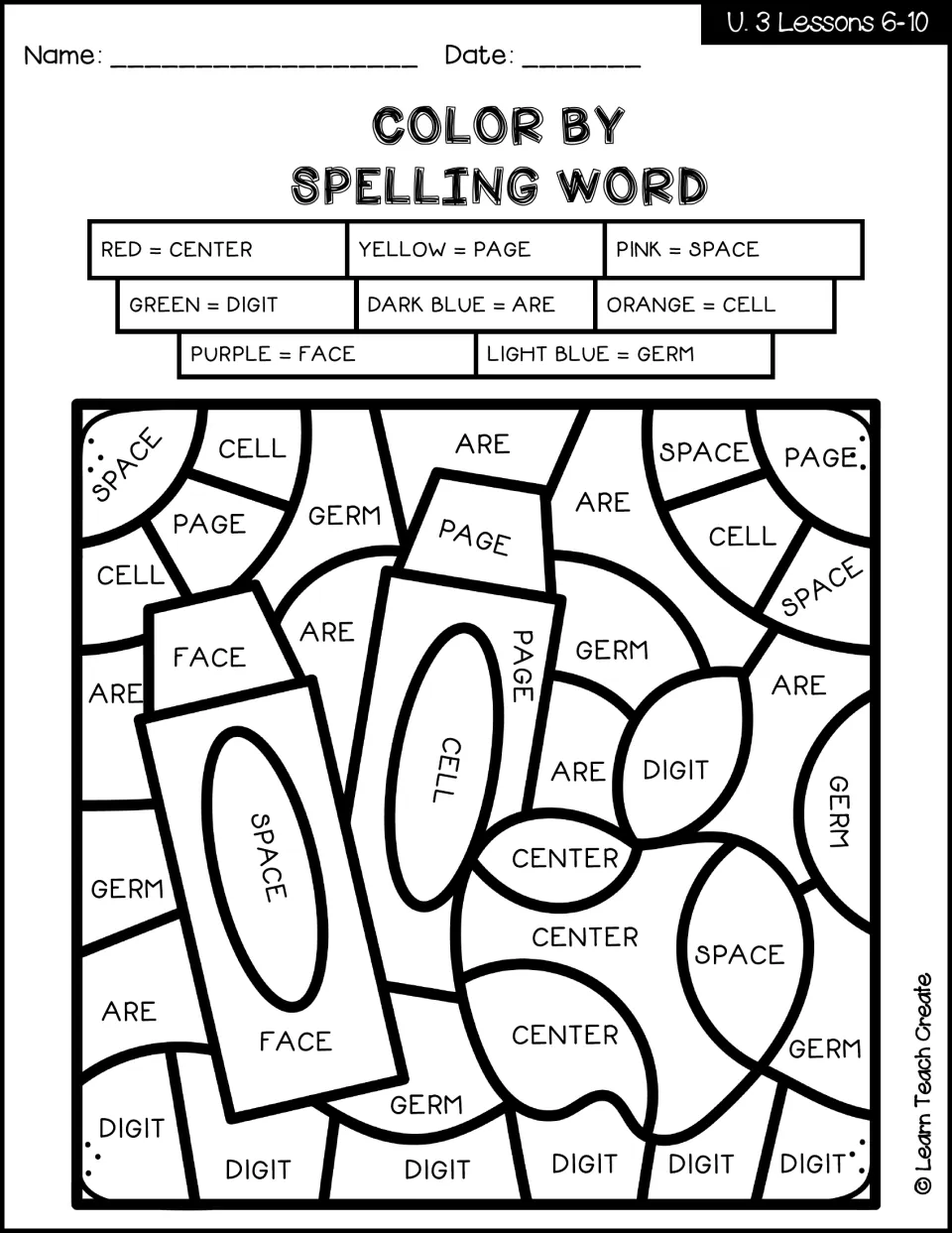 Lessons 6–10 spelling coloring worksheet: crayons and an apple coded with center, page, space and five more words