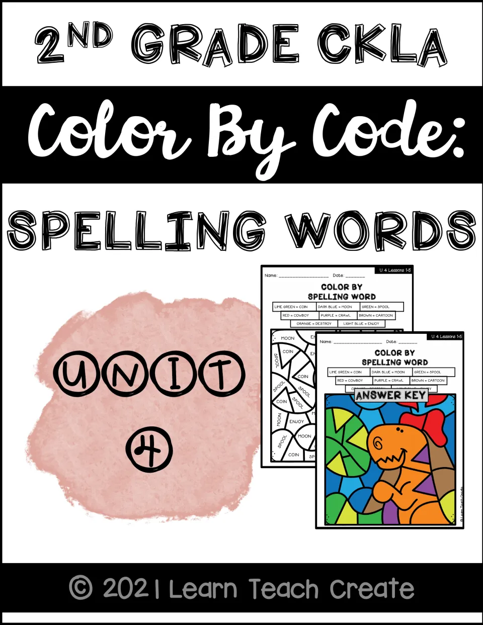 Cover for second-grade CKLA Unit 4 spelling color-by-code activities, showing a worksheet and answer key