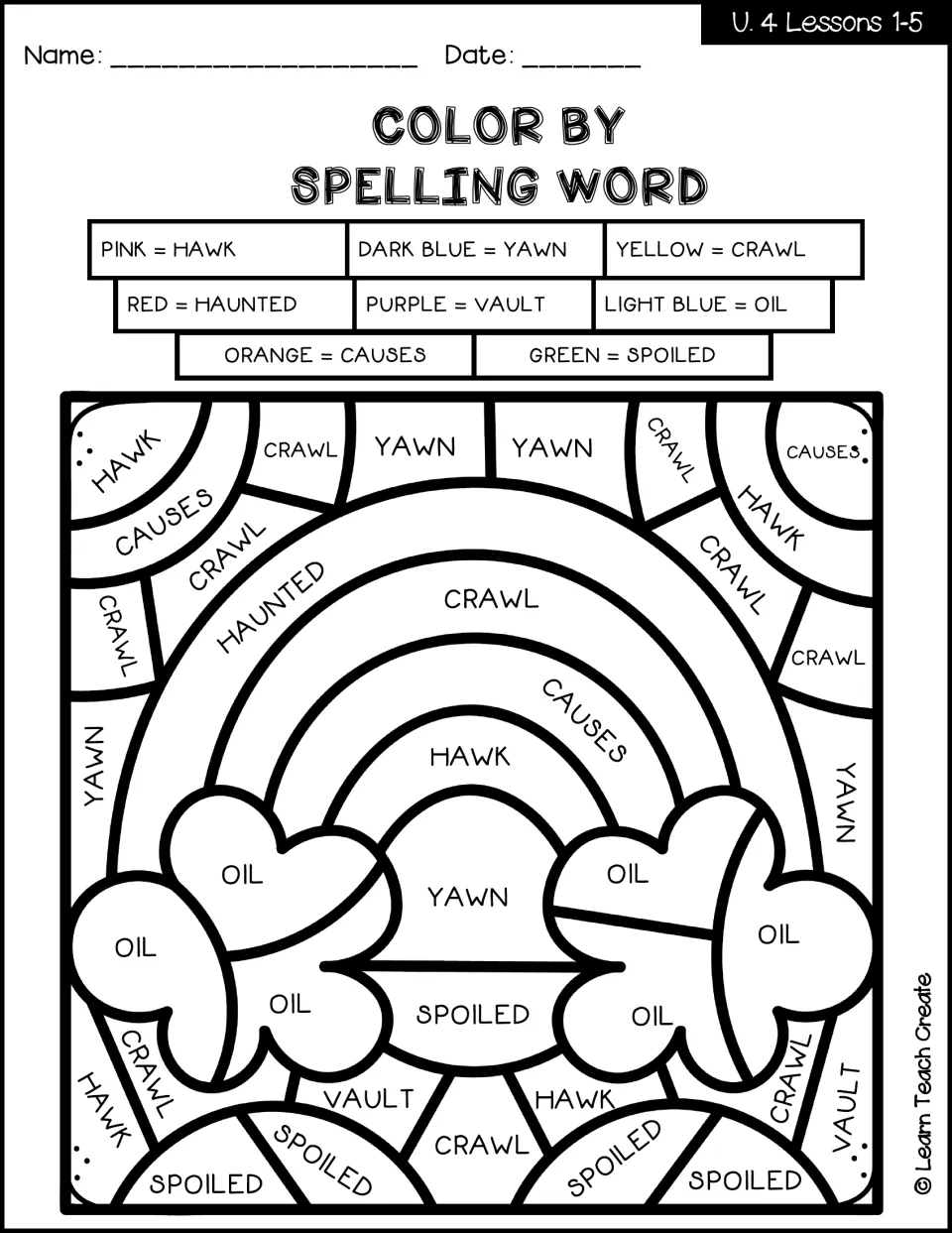 Lessons 1–5 rainbow color-by-code spelling activity using hawk, yawn, crawl, haunted, vault, oil, causes and spoiled