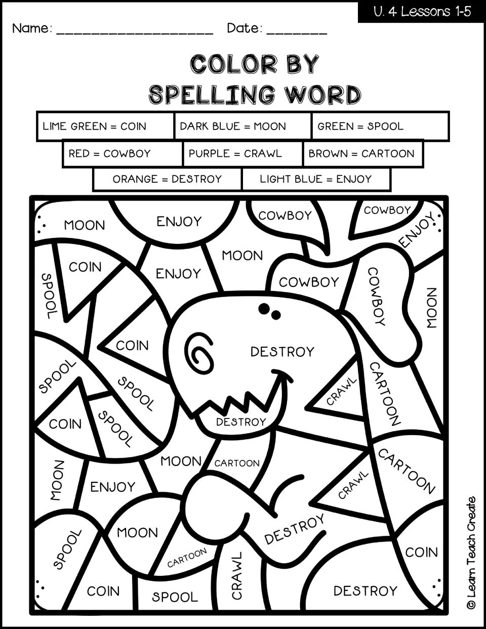 Lessons 1–5 dinosaur color-by-code spelling activity using coin, moon, spool, cowboy, crawl, cartoon and two more