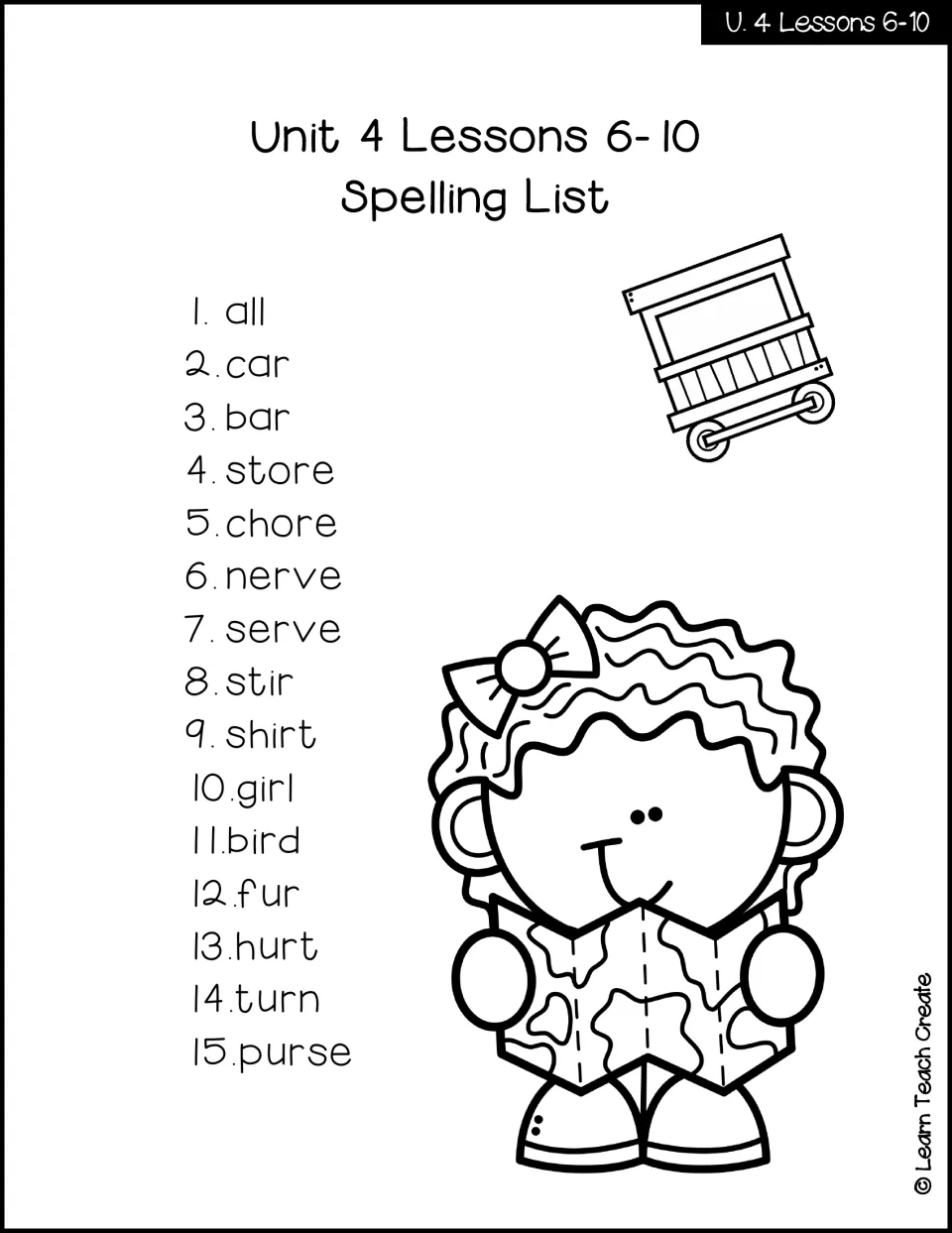Unit 4 Lessons 6–10 spelling list: all, car, bar, store, chore, nerve, serve, stir, shirt, girl and five more