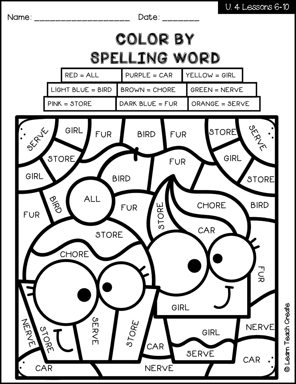 Lessons 6–10 cupcake color-by-code spelling activity using all, car, girl, bird, chore, nerve, store, fur and serve