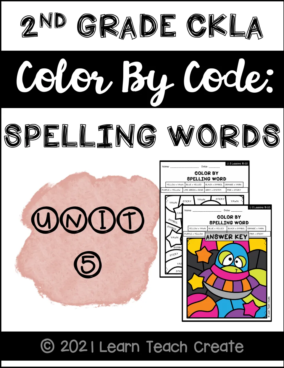 Cover for 2nd Grade CKLA Color By Code: Spelling Words, Unit 5, showing a coloring sheet and its answer key
