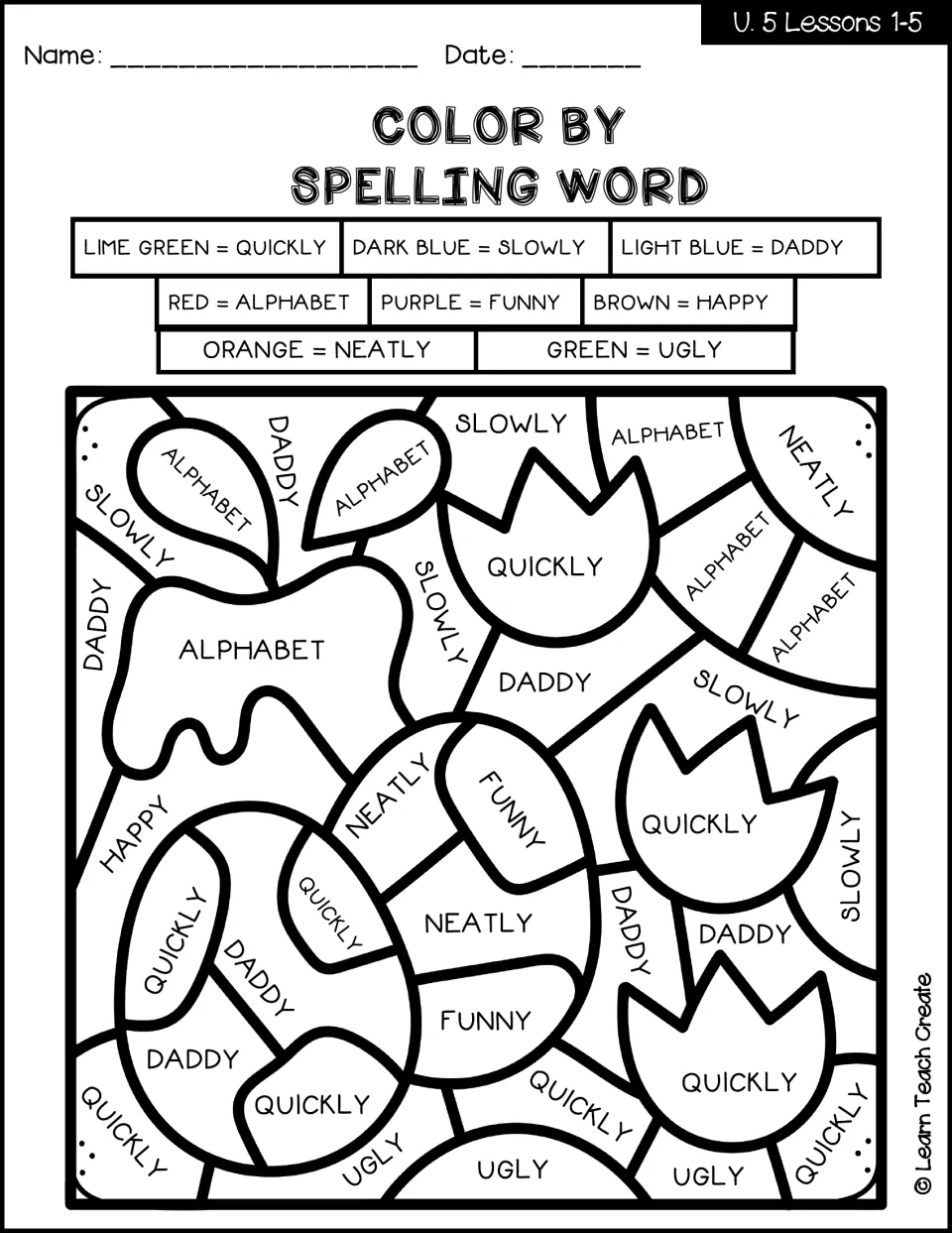 Color by spelling word, Lessons 1-5: students color spaces labeled quickly, slowly, daddy, alphabet and more using a code