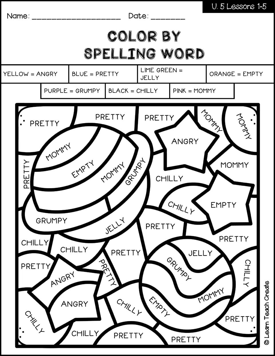 Space-themed color by spelling word: students color planets and stars by code for angry, pretty, jelly, empty and grumpy