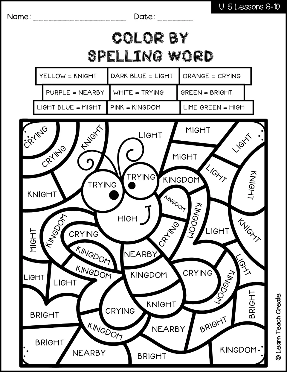 Butterfly color by spelling word, Lessons 6-10: students color spaces for knight, light, crying, nearby, kingdom and high