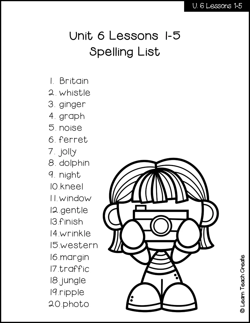 Unit 6 Lessons 1–5 spelling list with 20 words, including Britain, whistle, ginger, graph, and dolphin