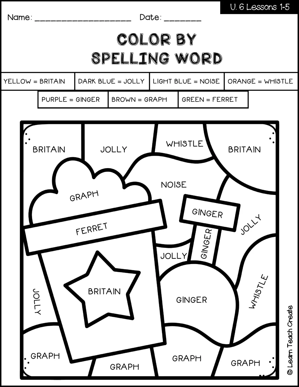 Lessons 1–5 color-by-spelling-word activity: a sand bucket and shovel coded with Britain, jolly, and more