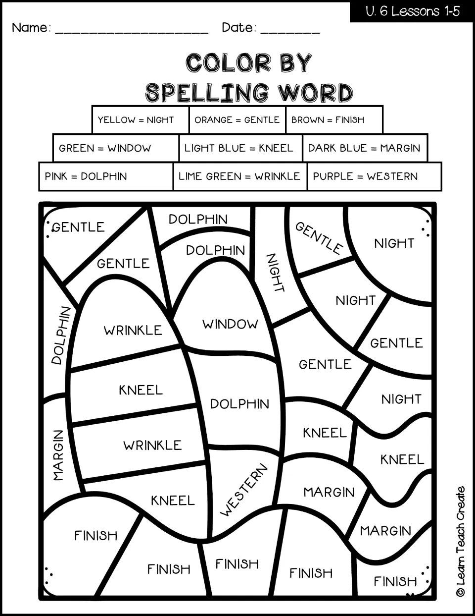 Lessons 1–5 color-by-spelling-word activity: two surfboards coded with night, gentle, finish, and more