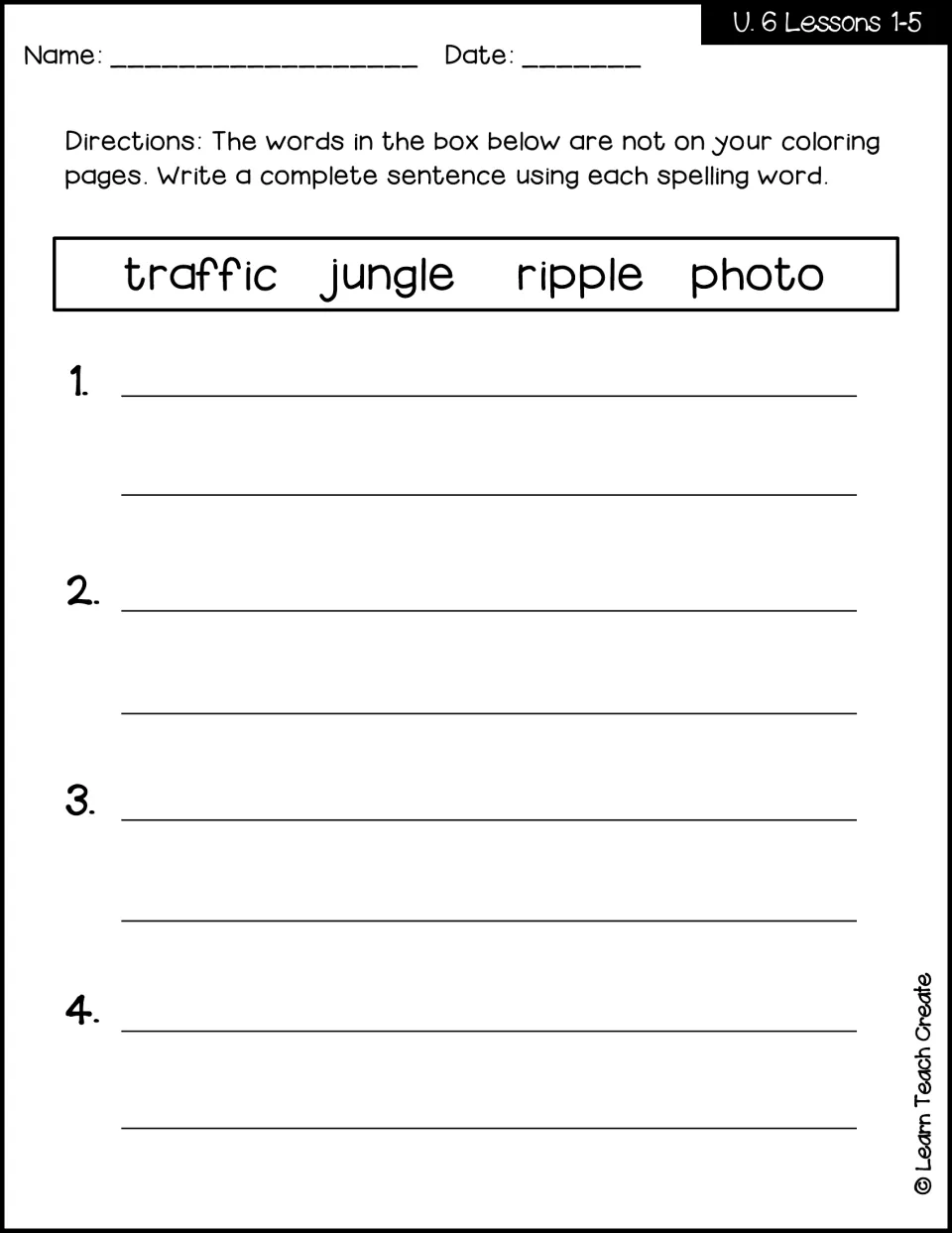 Lessons 1–5 sentence-writing activity asking students to use traffic, jungle, ripple, and photo in sentences