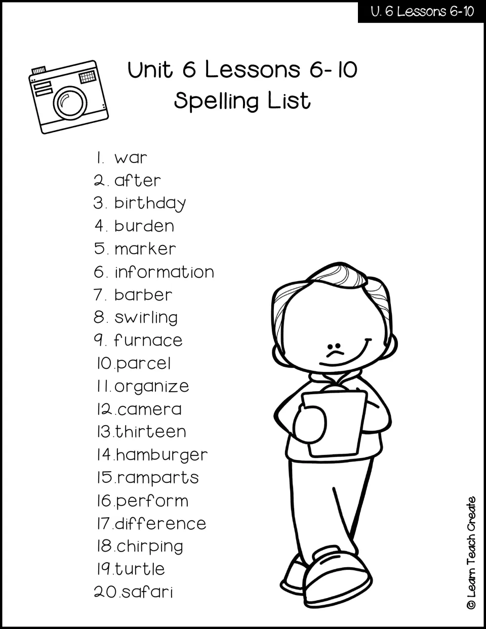 Unit 6 Lessons 6–10 spelling list with 20 words, including war, after, birthday, burden, and information