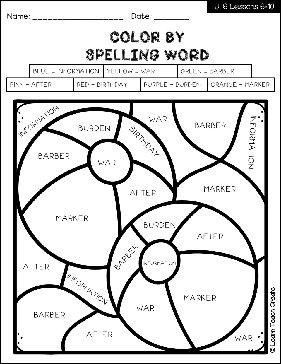 Lessons 6–10 color-by-spelling-word activity: beach balls coded with information, war, barber, and more