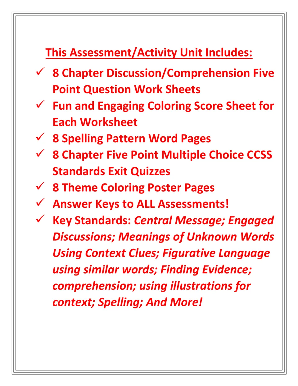 Unit contents list: 8 discussion question sheets, spelling pattern pages, exit quizzes, coloring posters and answer keys