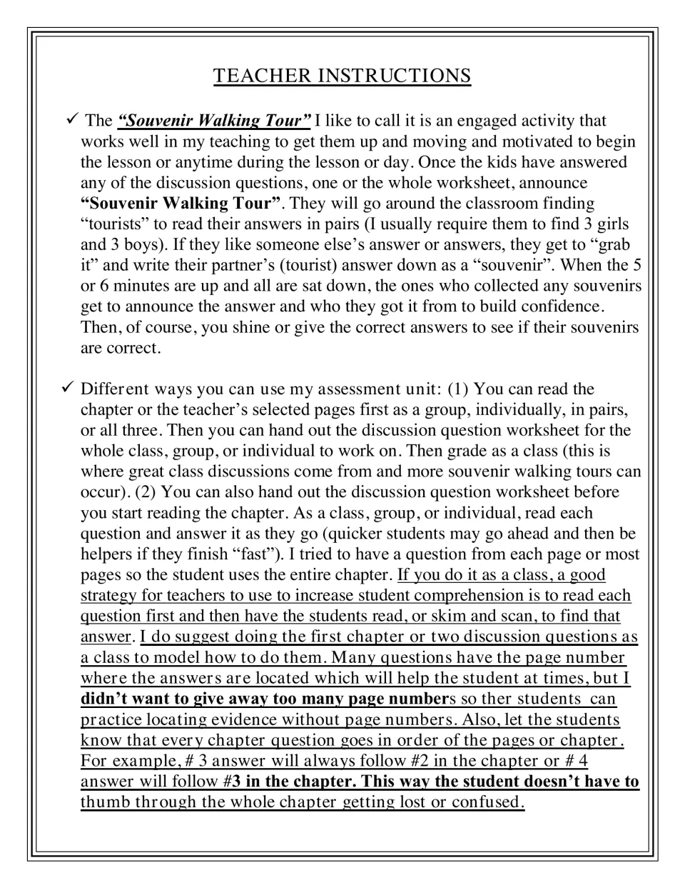 Teacher instructions for the Souvenir Walking Tour answer-sharing activity and ways to use the discussion worksheets