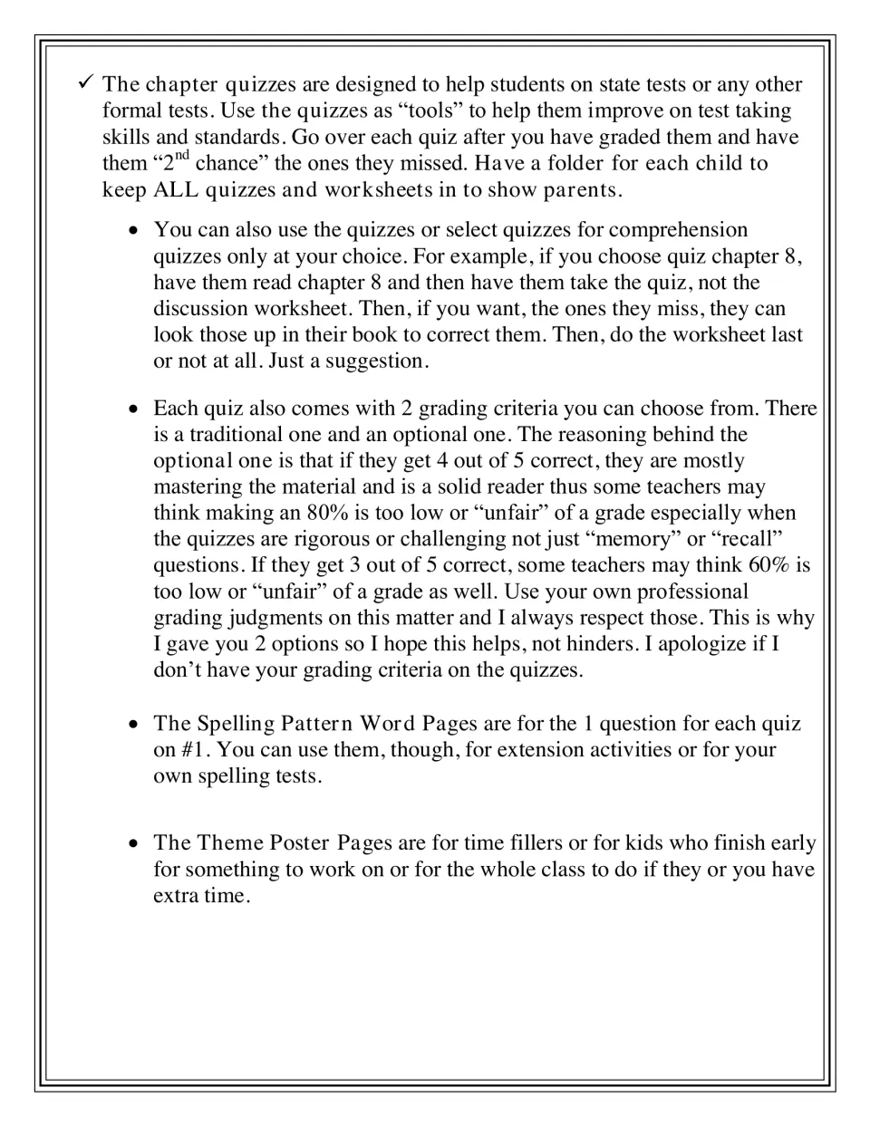 Teacher notes on using chapter quizzes, choosing traditional or optional grading scales, spelling pages and theme posters