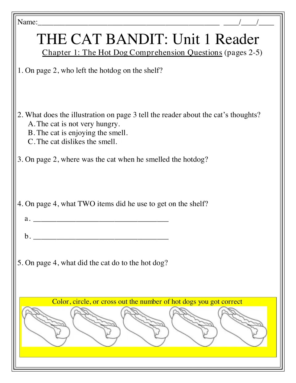 The Hot Dog chapter 1 comprehension: students answer 5 questions using book pages, then color hot dogs to score