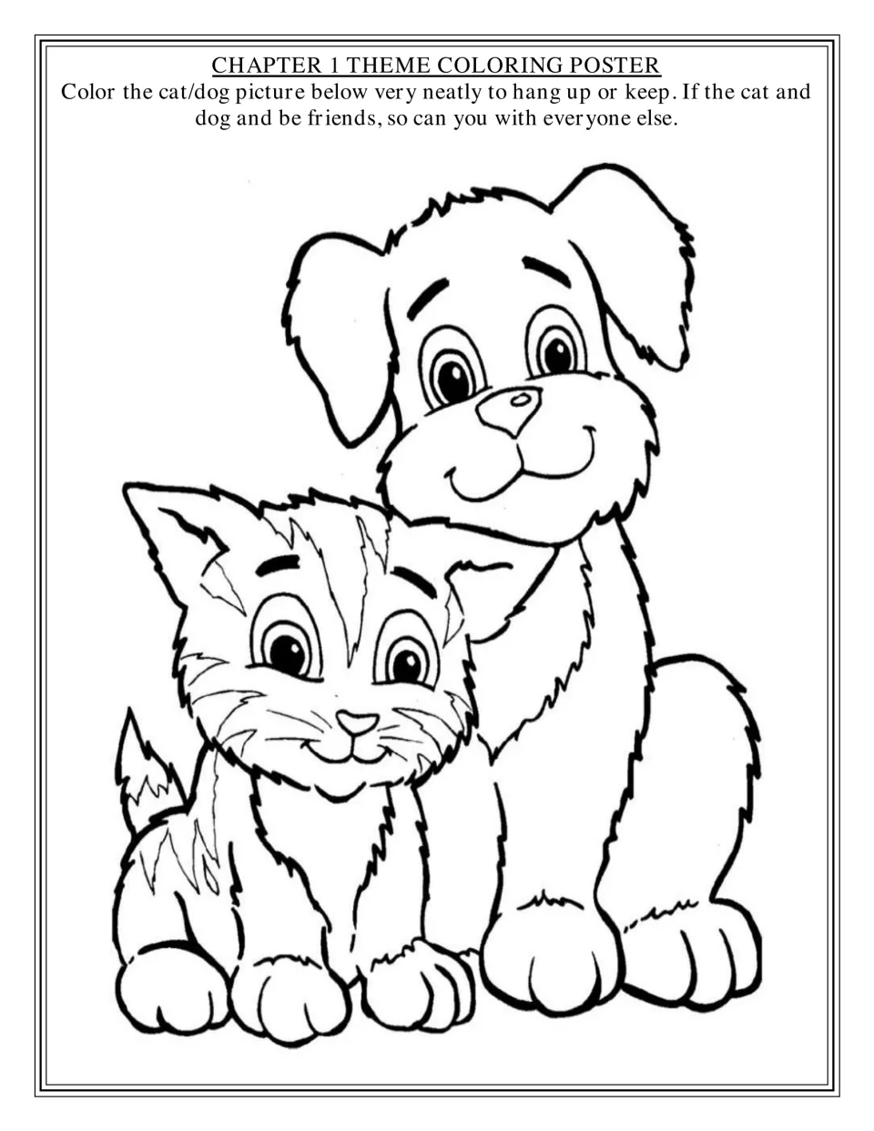 Chapter 1 theme coloring poster: students color a kitten and puppy sitting together, with a friendship message