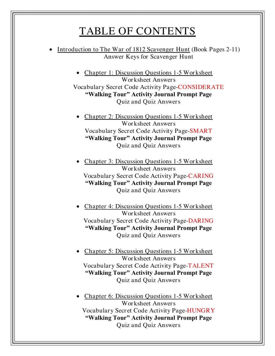 The War of 1812 unit contents: scavenger hunt, then 6 chapters of discussion questions, secret code vocabulary and quizzes