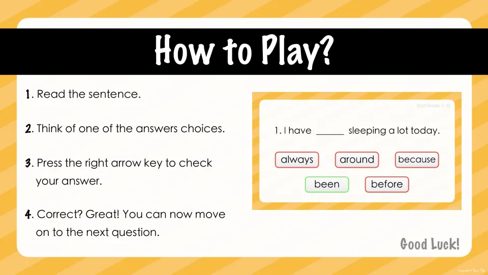 How to Play directions: read the sentence, choose a word, press the right arrow key to check, with a sample question shown