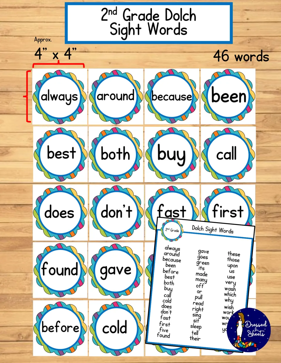Cover for a Dolch sight word wall: 46 rainbow-framed word cards, about 4 by 4 inches, plus a full list of the words