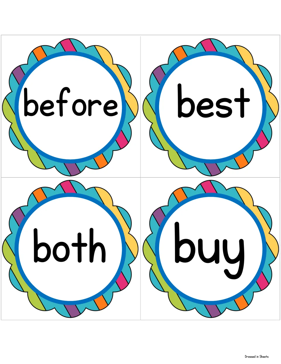 Sight word cards for before, best, both and buy in rainbow scalloped frames, cut apart for students to read and spell from