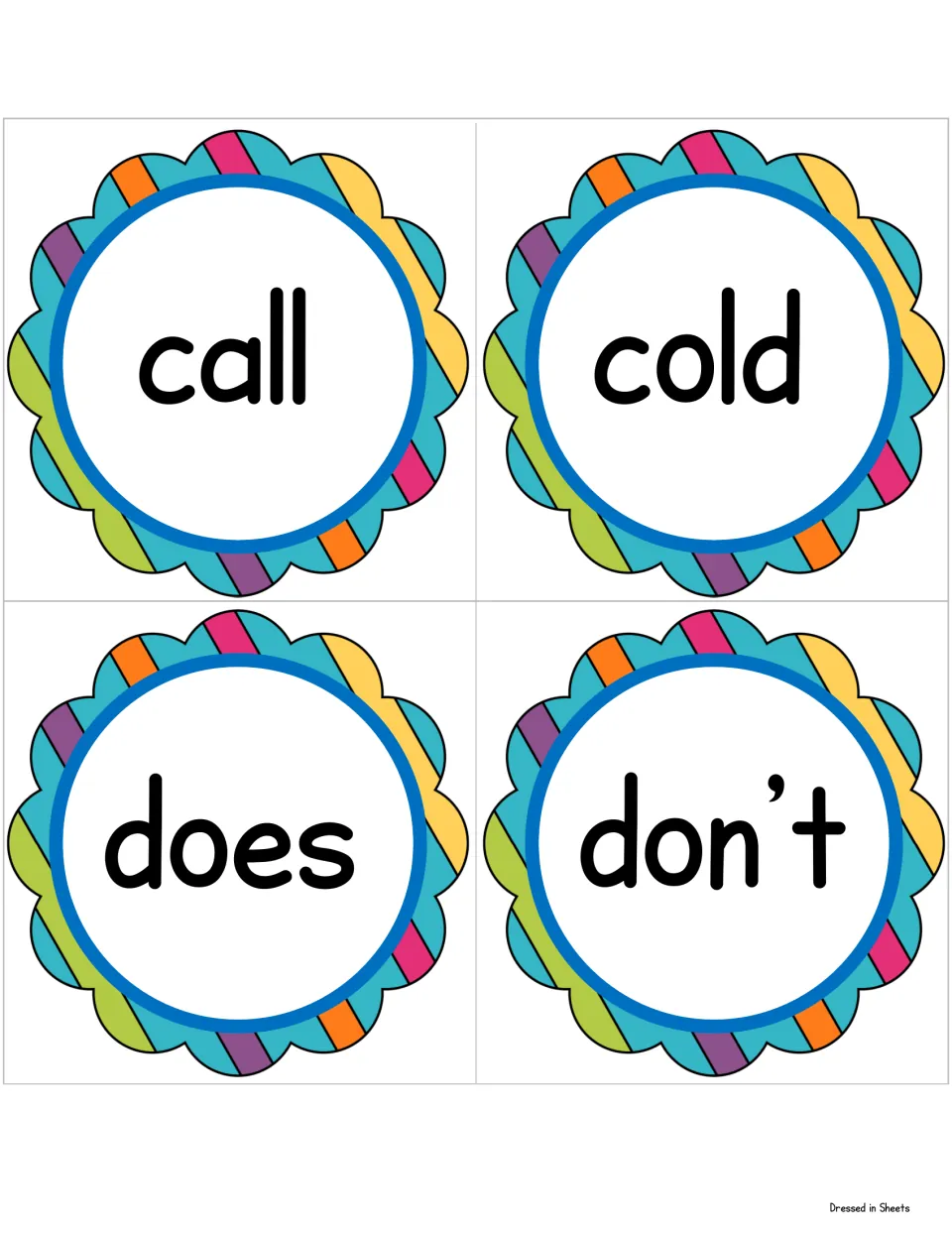 Sight word cards for call, cold, does and don't, including a contraction, framed in rainbow scallops for word wall reading