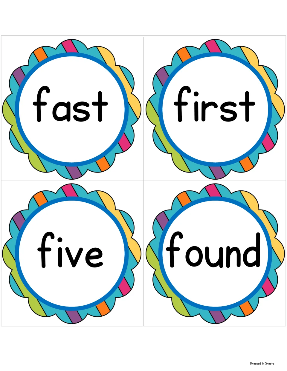 Sight word cards for fast, first, five and found, each in a rainbow scalloped frame for students to recognize by sight