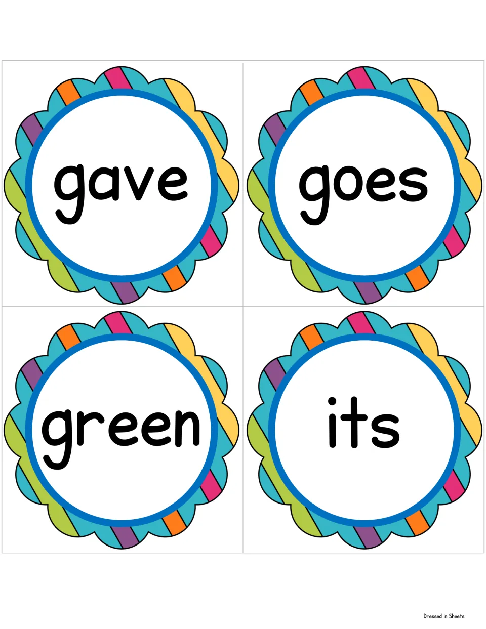 Sight word cards for gave, goes, green and its, printed in rainbow scalloped frames for whole-class word wall reading