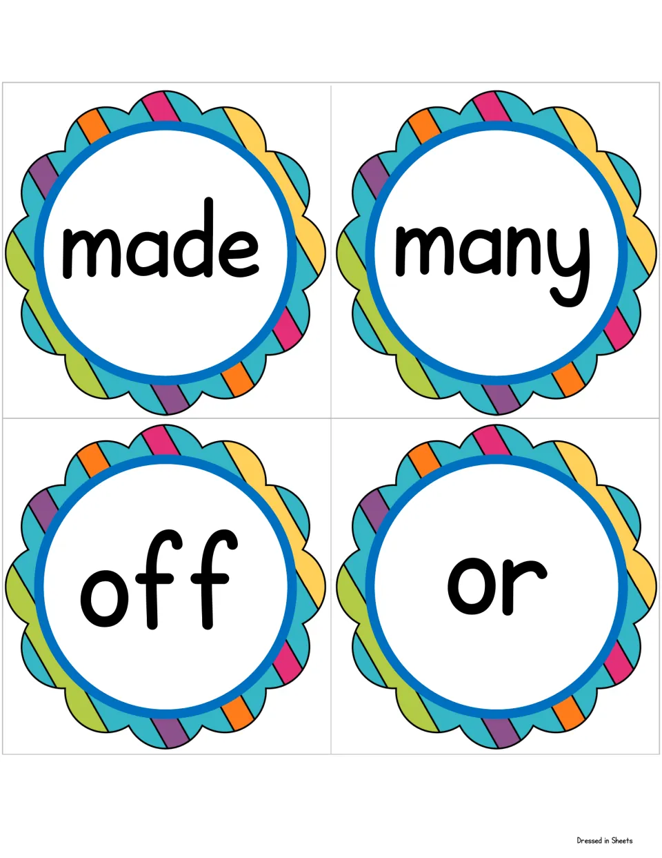 Sight word cards for made, many, off and or, each in a rainbow scalloped frame to cut out and display for sight reading