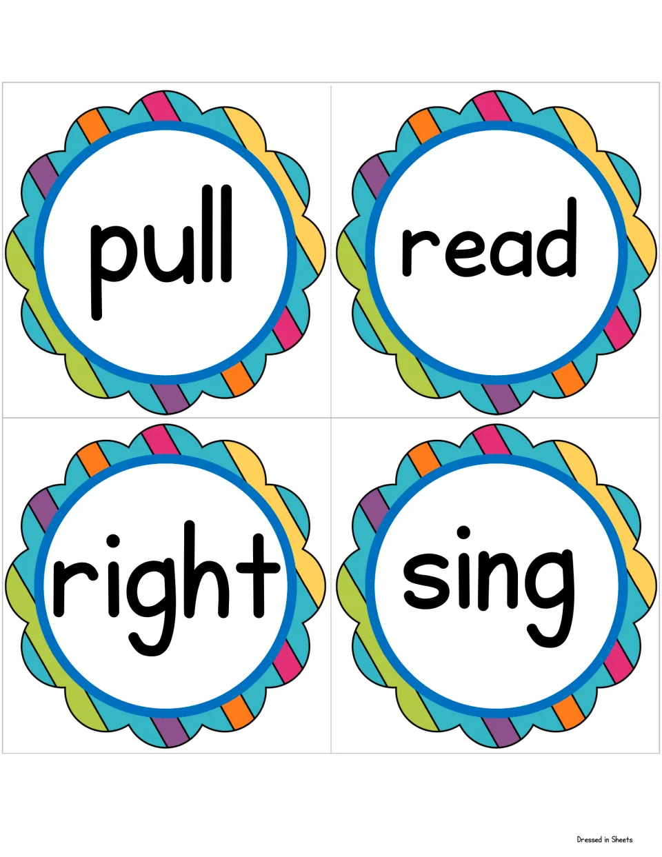 Sight word cards for pull, read, right and sing in rainbow scalloped frames, cut apart for students to practise reading