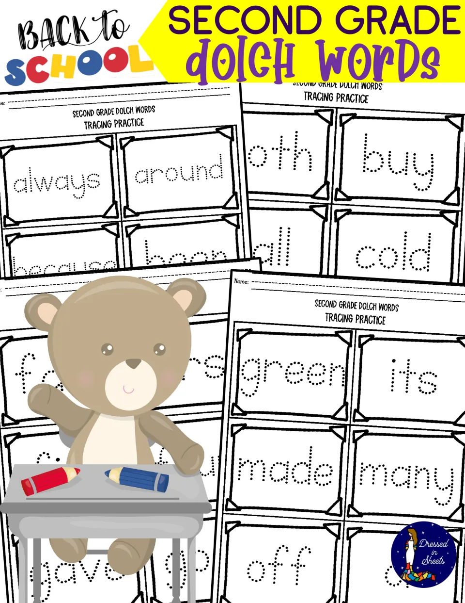 Back to School Second Grade Dolch Words cover showing dotted sight-word tracing sheets and a teddy bear at a school desk