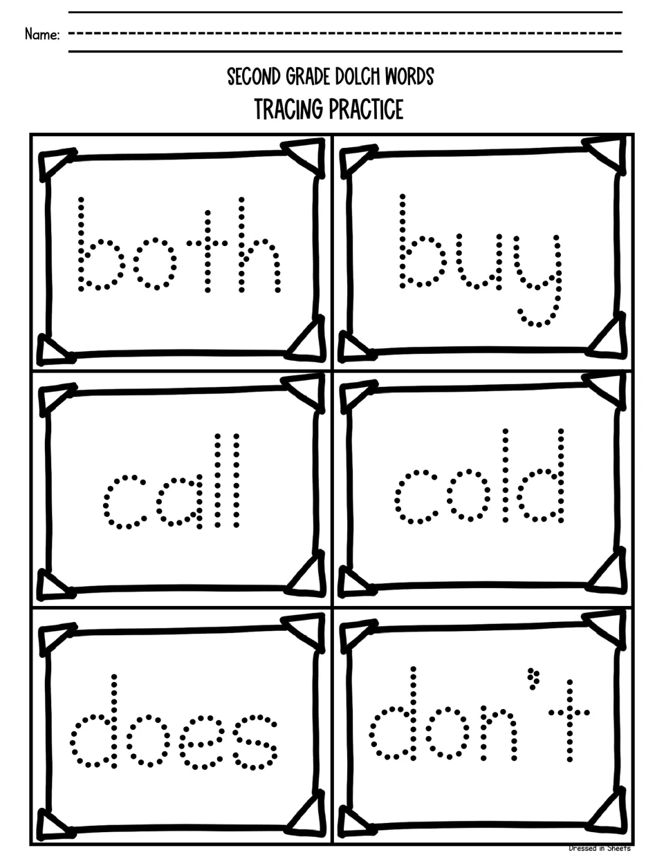 Sight-word tracing practice: students trace dotted letters to write both, buy, call, cold, does and don't