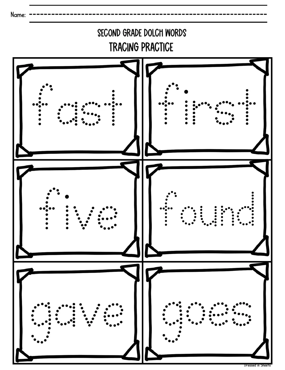 Dolch word tracing: students follow the dots to form fast, first, five, found, gave and goes as sight-word practice