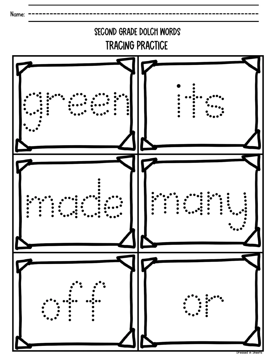 Sight-word handwriting practice: students trace the six dotted words green, its, made, many, off and or