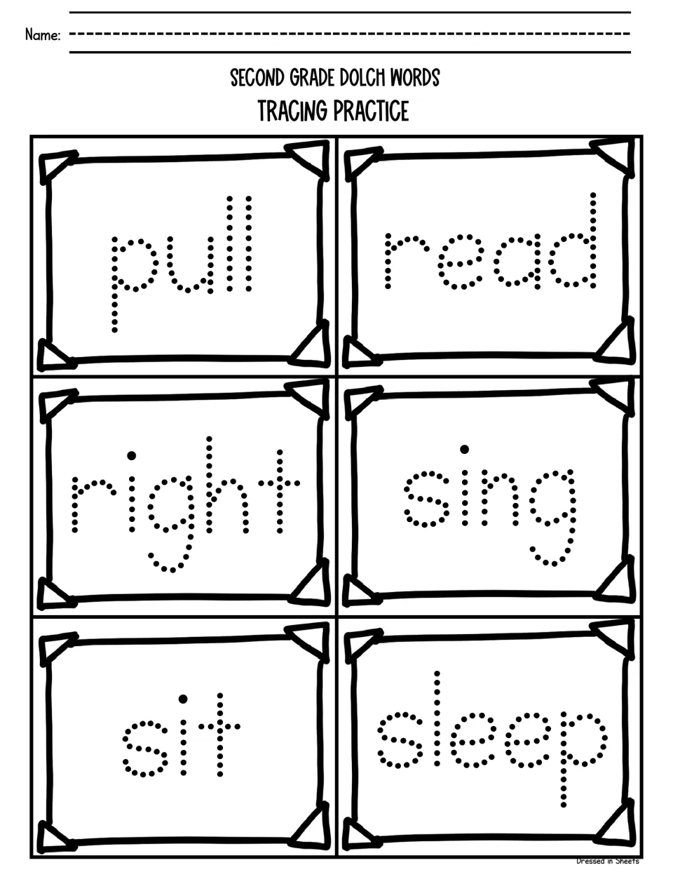 Dolch word tracing set: students trace pull, read, right, sing, sit and sleep in dotted print, practising sight words