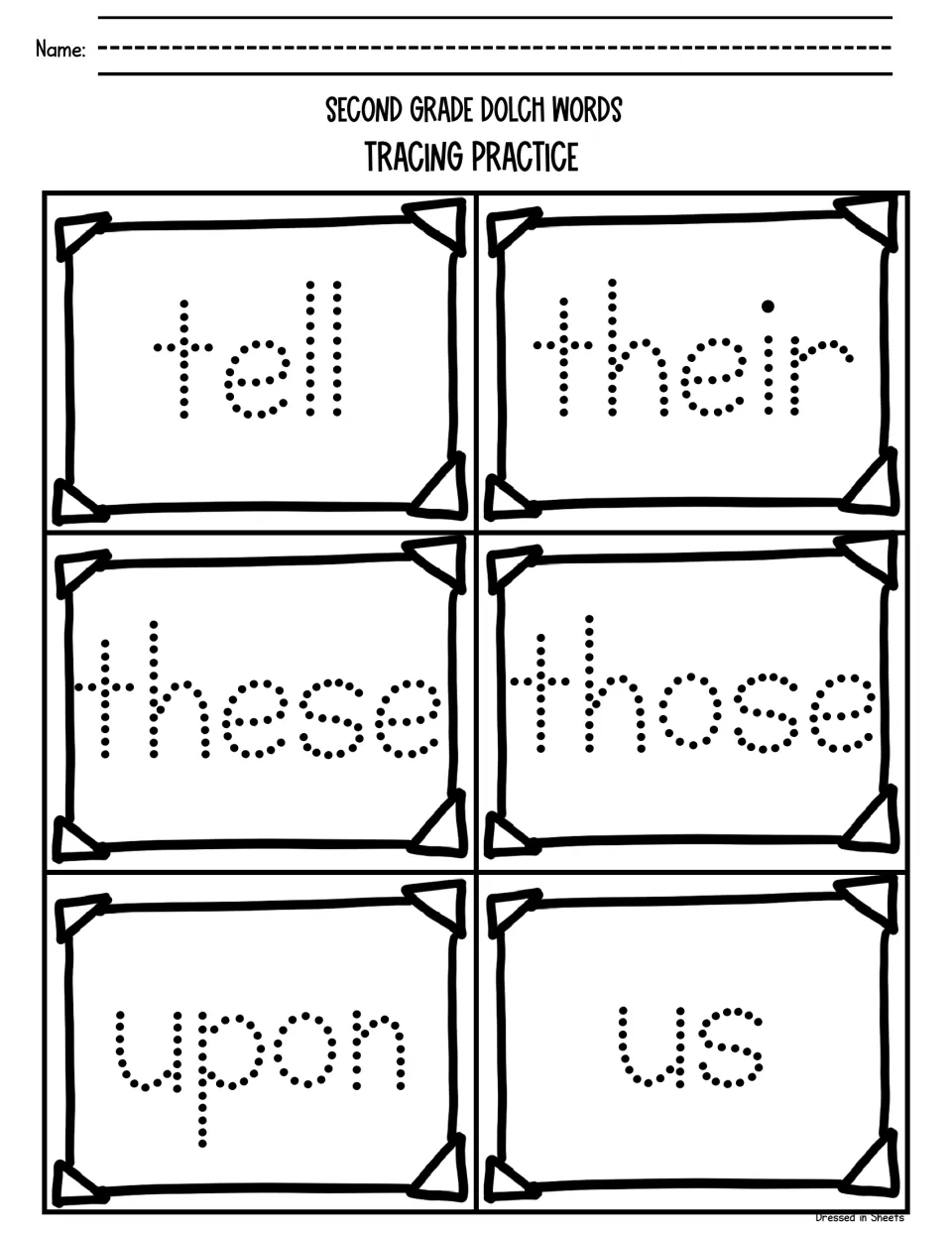 Sight-word tracing: students trace the dotted words tell, their, these, those, upon and us to practise spelling