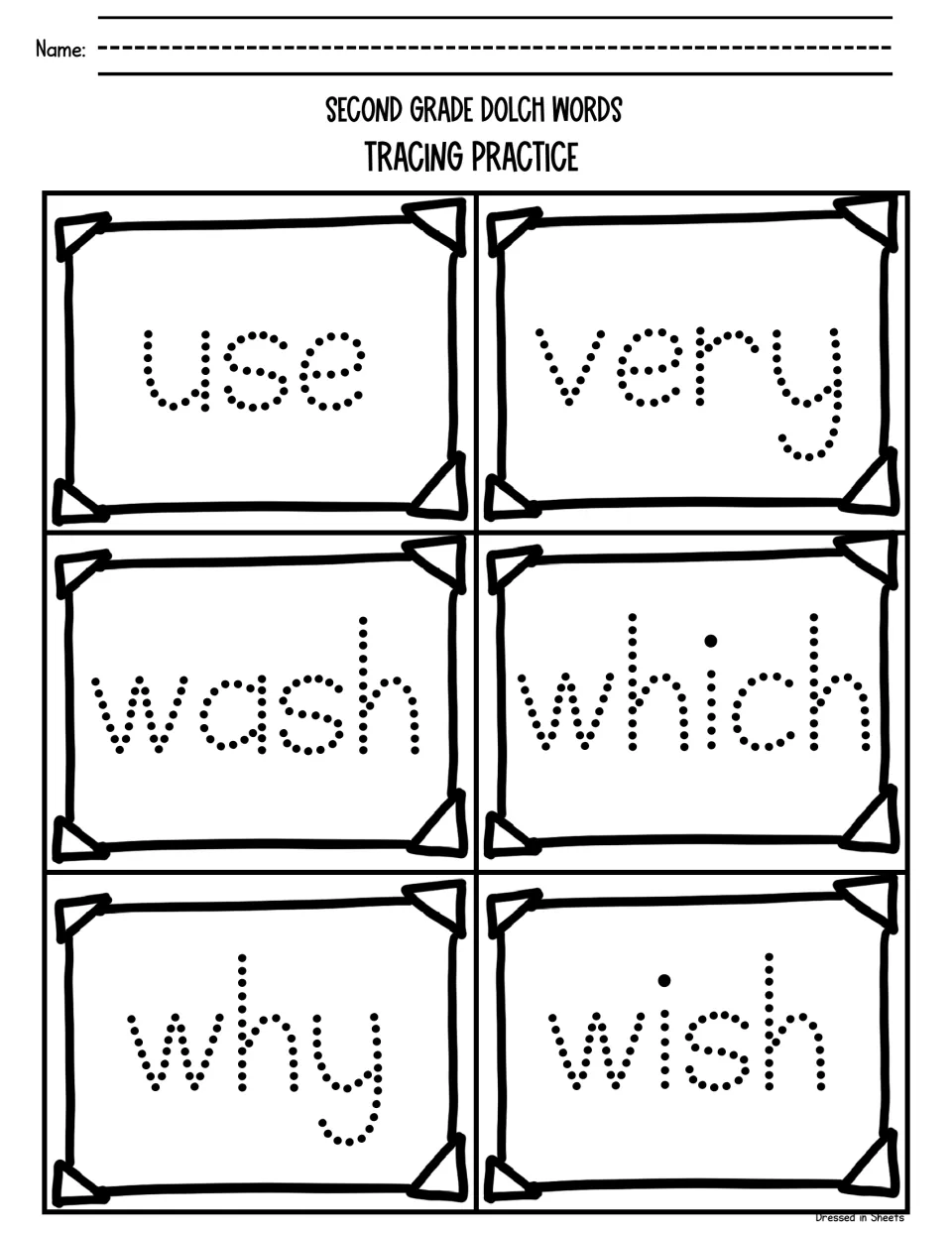 Dolch word handwriting: students trace use, very, wash, which, why and wish in dotted letters
