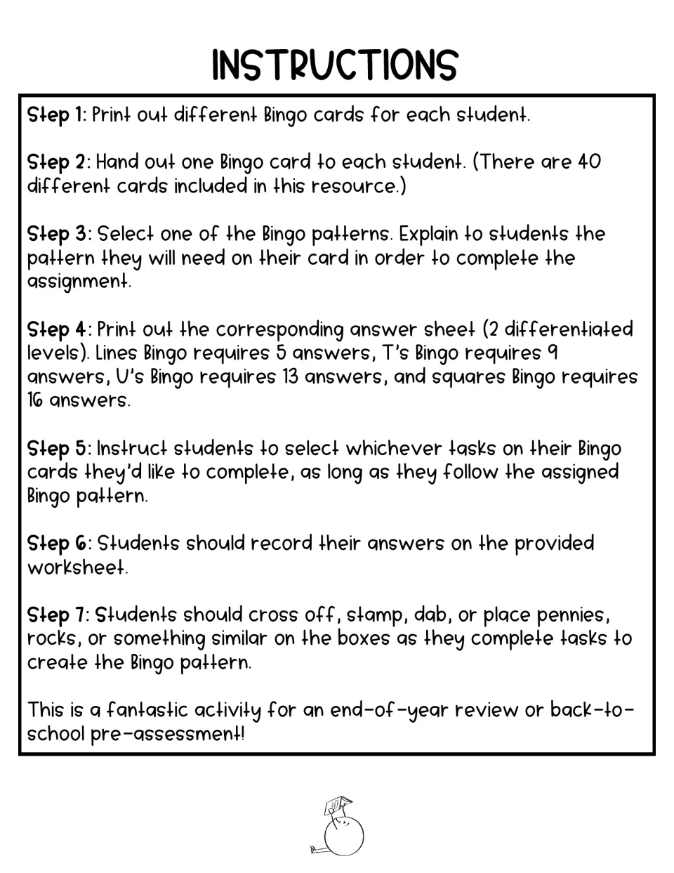 Reading bingo instructions explain distributing 40 cards, choosing patterns, and recording student answers