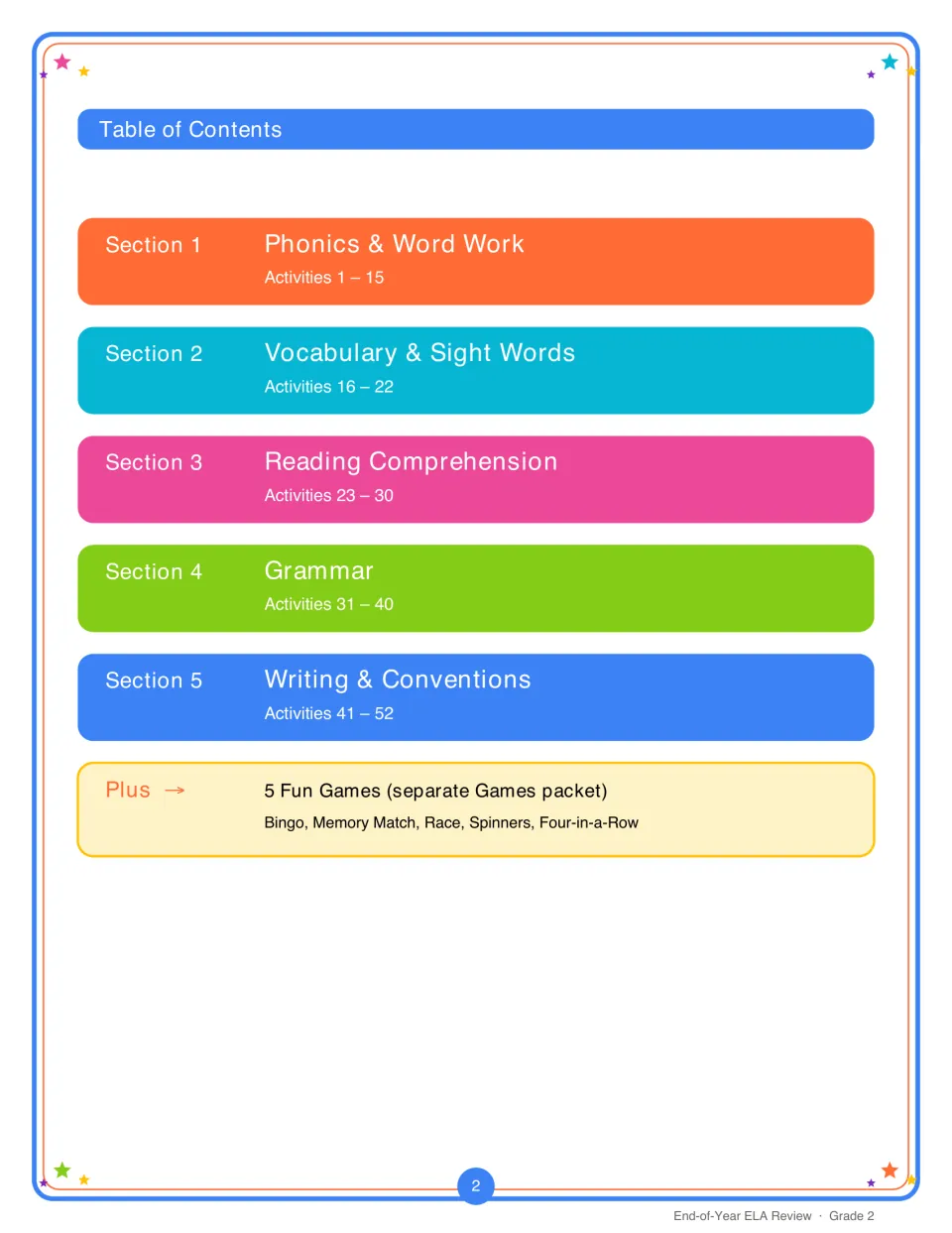 Table of contents listing five sections, from Phonics & Word Work to Writing & Conventions, plus Bingo and other games