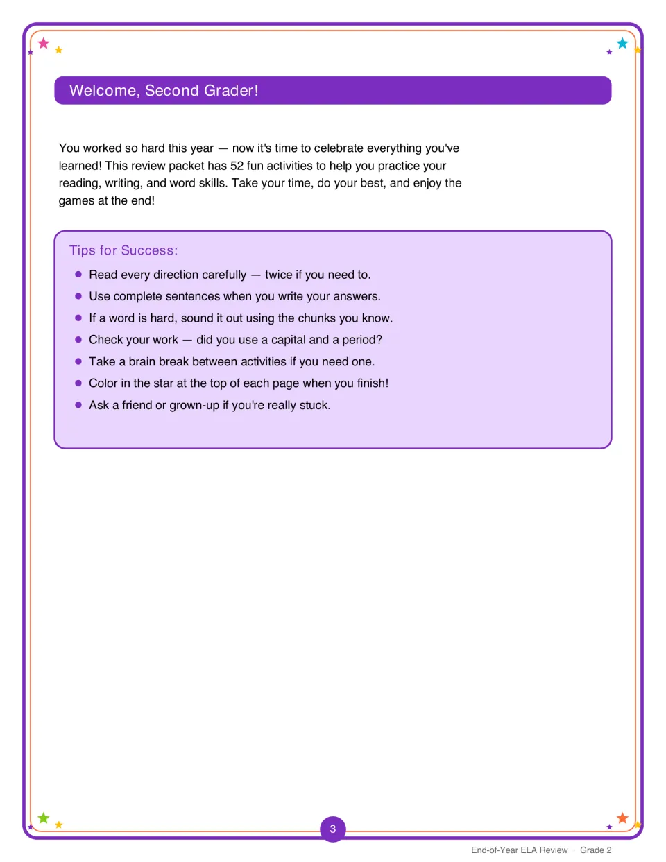Welcome letter to second graders with seven tips for success, such as reading directions twice and checking capitals
