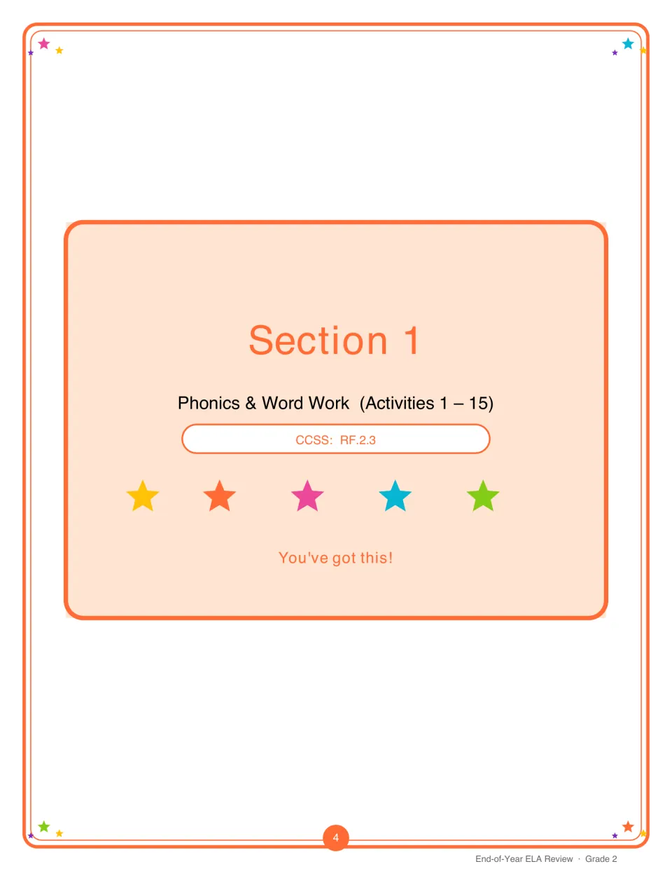 Section 1 divider: Phonics & Word Work, activities 1 to 15, with a row of five stars and a You've got this! message